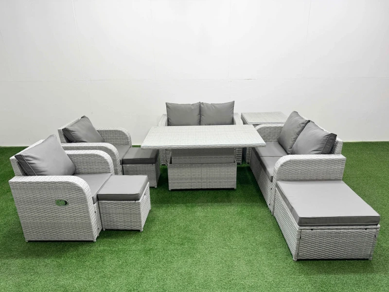 Image of Fimous 9 Seater Outdoor Reclining Chair Love Sofa Set Rattan Garden Furniture Set with Adjustable Lifting Dining or Coffee Table 3 Stools Side Table L