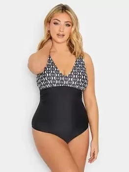Image of Yours Geometric Plunge Swimsuit, Black, Size 16, Women