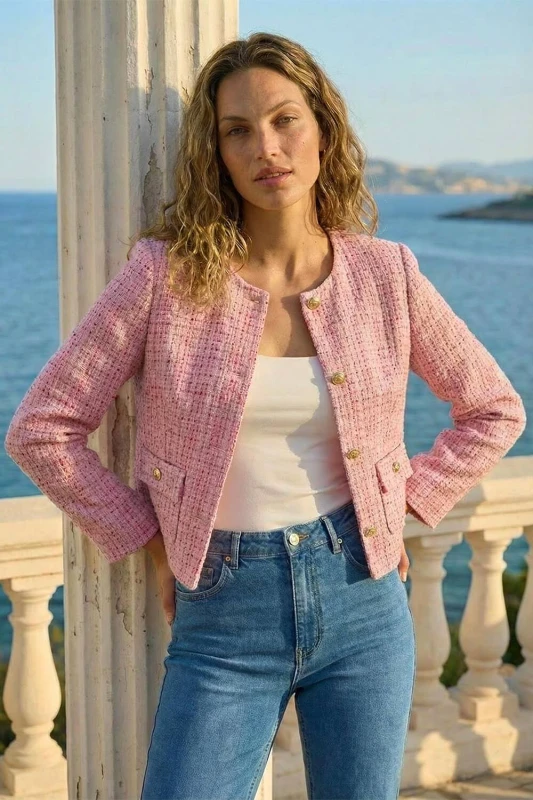 Image of Roman Womens Collarless Sequin Boucle Jacket in Pink Size: 18 Pink Female 18