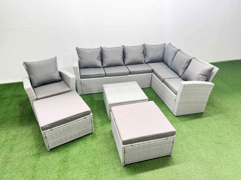 Image of Fimous Rattan Garden Outdoor Furniture Sets 9 Seater Rattan Garden Sofa Sets in Light Grey Light Grey Unisex