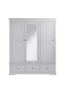 image of K-Interiors Dunbar Part Assembled Solid Wood 3 Door, 3 Drawer Mirrored Wardrobe