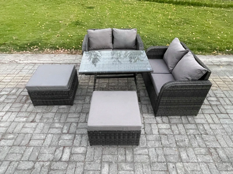 Image of Fimous Outdoor Garden Furniture Sets 5 Pieces Wicker Rattan Furniture Sofa Sets with Rectangular Dining Table Love Sofa Dark Grey