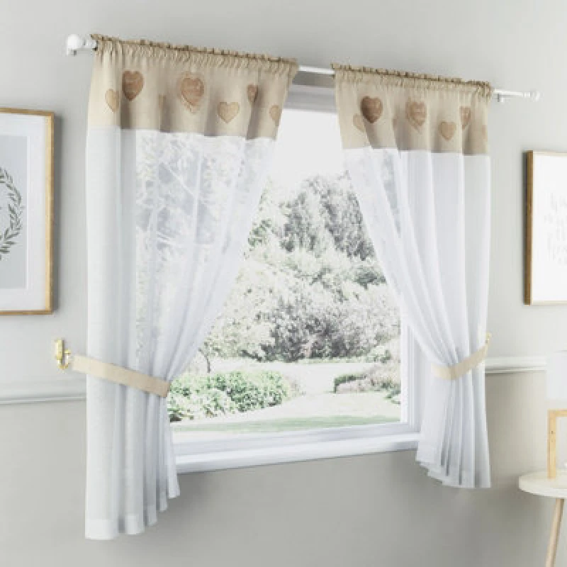 Image of Tyrone Textiles Tyrone Textiles Sweetheart Embroidered Heart Kitchen Window Set Curtain Pair With Matching Tie Back Natural