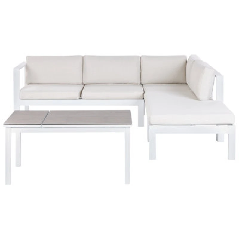 Image of BELIANI 5 Seater Garden Sofa Set with Table White Frame Glass Tabletop and Off-White Cushions Messina 519655