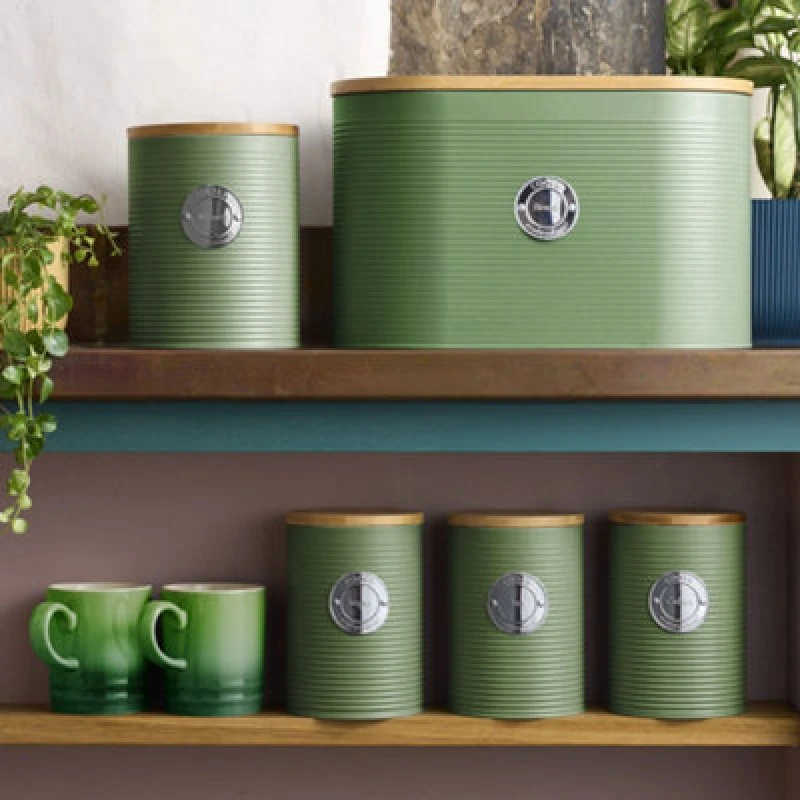 Image of Cooks Professional 5Pc Tea, Coffee, Sugar, Biscuit & Bread Ribbed Canister Kitchen Storage Set With Bamboo Lids - Green & Silver