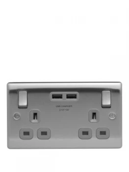 Image of British General Brushed Steel Double Switched Socket With X2 USB Sockets -3.1A