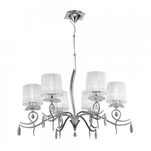 Image of Ceiling Chandelier 6 Light E27 With White Shades Polished Chrome/Clear Crystal