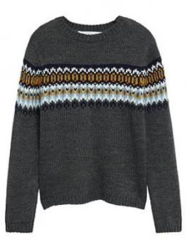 Image of Mango Boys Fairisle Knitted Jumper - Charcoal, Size Age: 9 Years