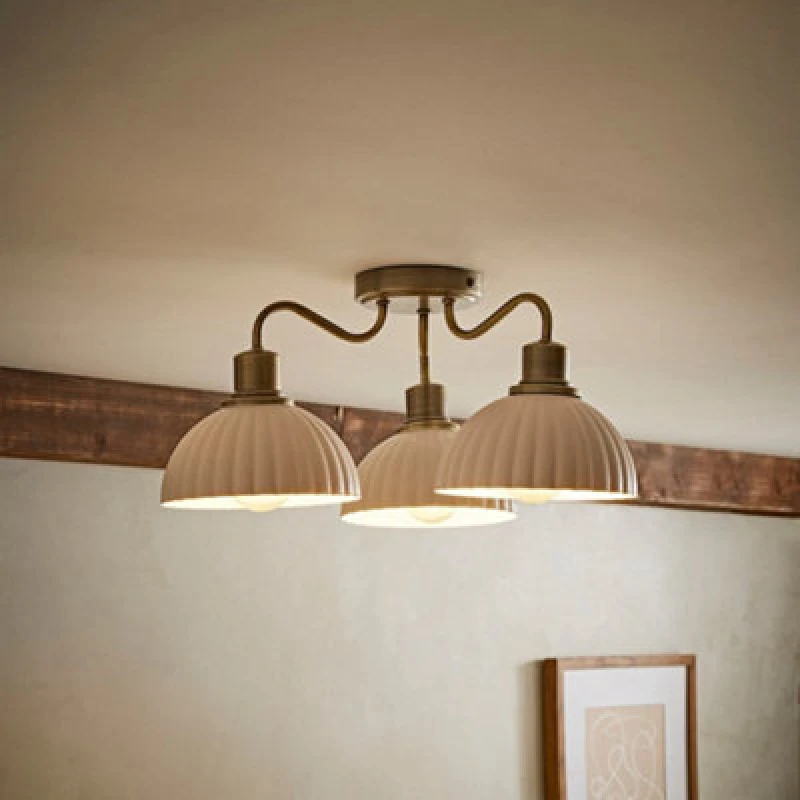 Image of Valuelights Bourton Antique Gold 3 Arm Ceiling Light Wth Ribbed Dome Shades