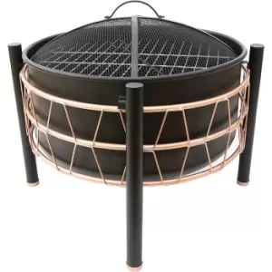 image of Schallen - Garden Outdoor Black & Copper Large Bowl Fire Pit with Safety Mesh, Cooking bbq Grill and Long Poker