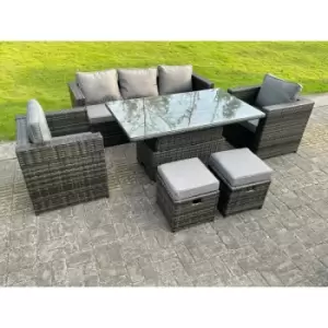 Image of Fimous 5 Seater Dark Grey Outdoor Rattan Adjustable Rising Dining Sofa Complete Set with Reclining Table and 2 Stools