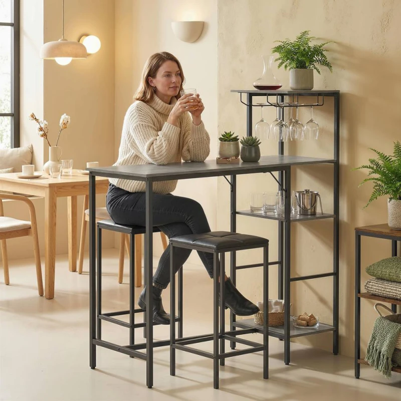 Image of HOMCOM 3Pcs Breakfast Bar Table & Stools Set 4-tier shelving in Grey Grey Unisex