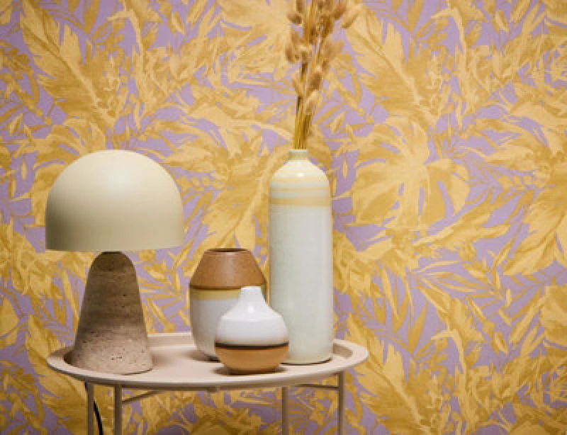 Image of As Creation Bricoflor Non-Woven Wallpaper, Leaf & Palm Wallpaper, Jungle & Tropical In Gold, Purple, Pink - 10,05 X 0,53 M