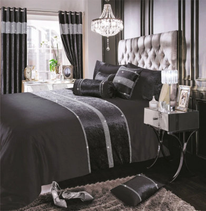 Image of Intimates Chic Bedroom Decor, Luxury Crushed Velvet & Faux Silk Duvet Cover Set With Pillowcases - Machine Washable Bed Linen - Charcoal