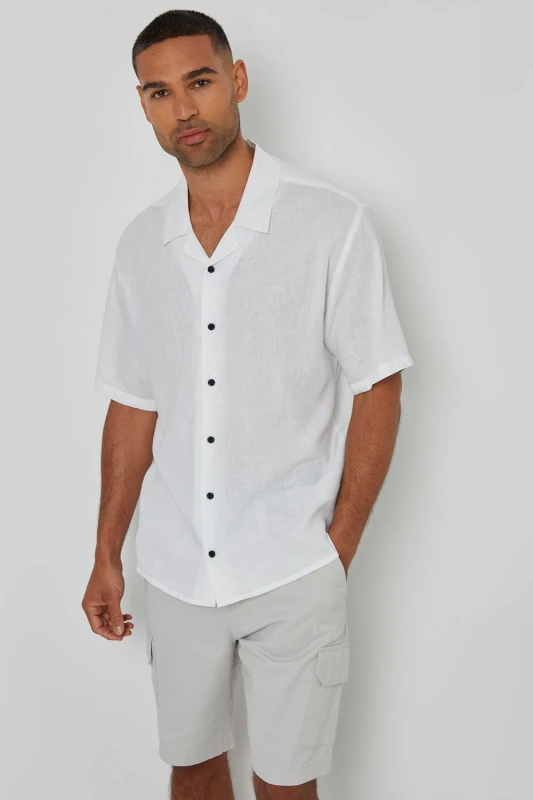 Image of Threadbare Linen Blend Revere Collar Short Sleeve Shirt - White White M