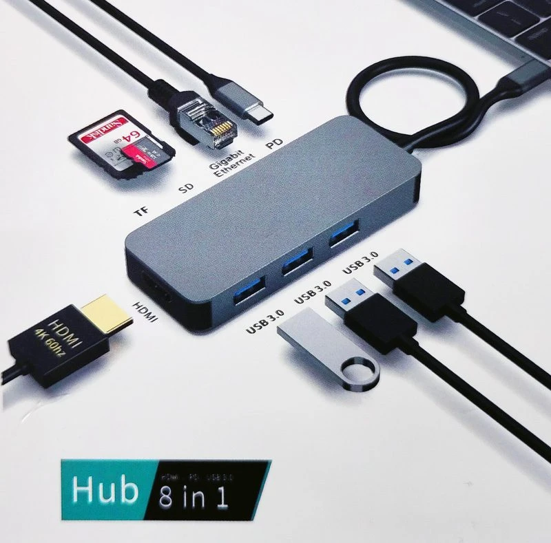 Image of FDL 8 IN 1 USB-C - 4K HDMI / RJ45 / 3x USB-A / USB-C PD / 2 SD