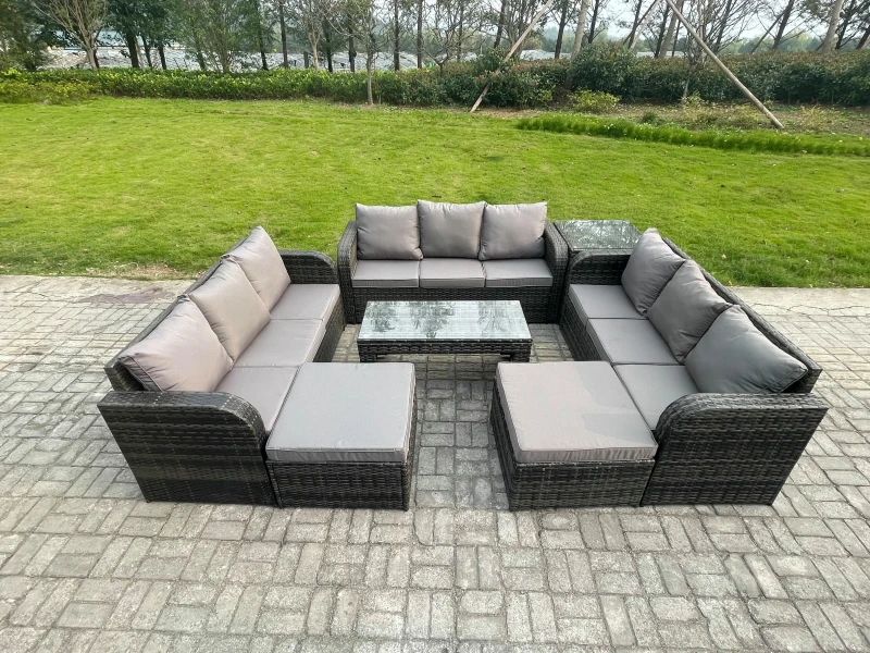Image of Fimous Rattan Garden Furniture Set 11 Seater Indoor Outdoor Patio Sofa Set with Coffee Table 2 Big Footstool Side Tables Dark Grey Mixed Dark Grey