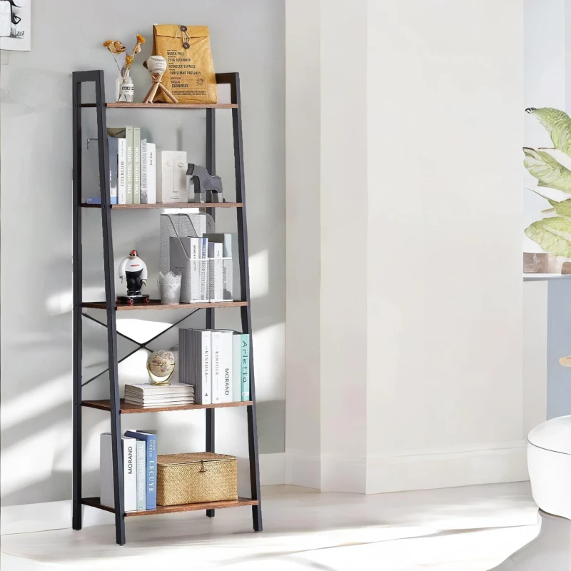 Image of Rafaelo Mobilia 5 Tier Free Standing Ladder Shelf For Living Room Storage Rustic Brown Brown Unisex