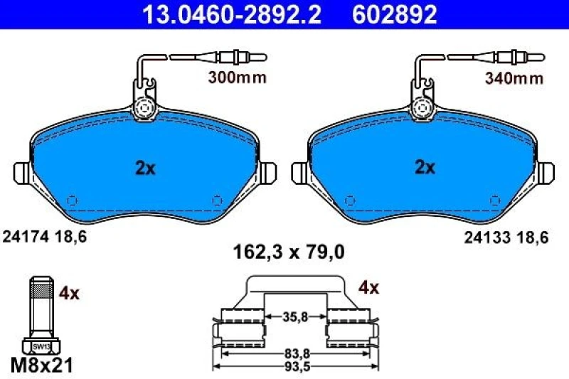 Image of ATE 13.0460-2892.2 Brake pad set incl. wear warning contact, with accessories, with brake caliper screws Brake Pad Set,disc brake (402)