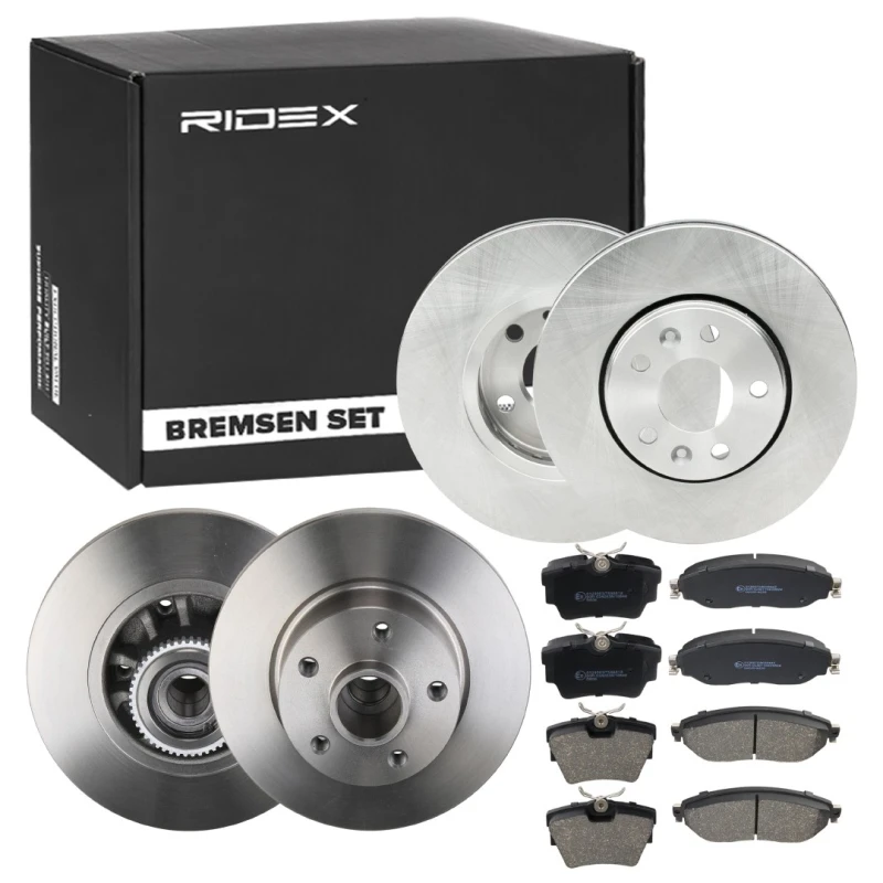 Image of RIDEX 3405B1753 Brake disc and pads set Rear Axle, Brake Disc Type: Solid, excl. wear warning contact, with ABS sensor ring Brake Set,disc brakes (34