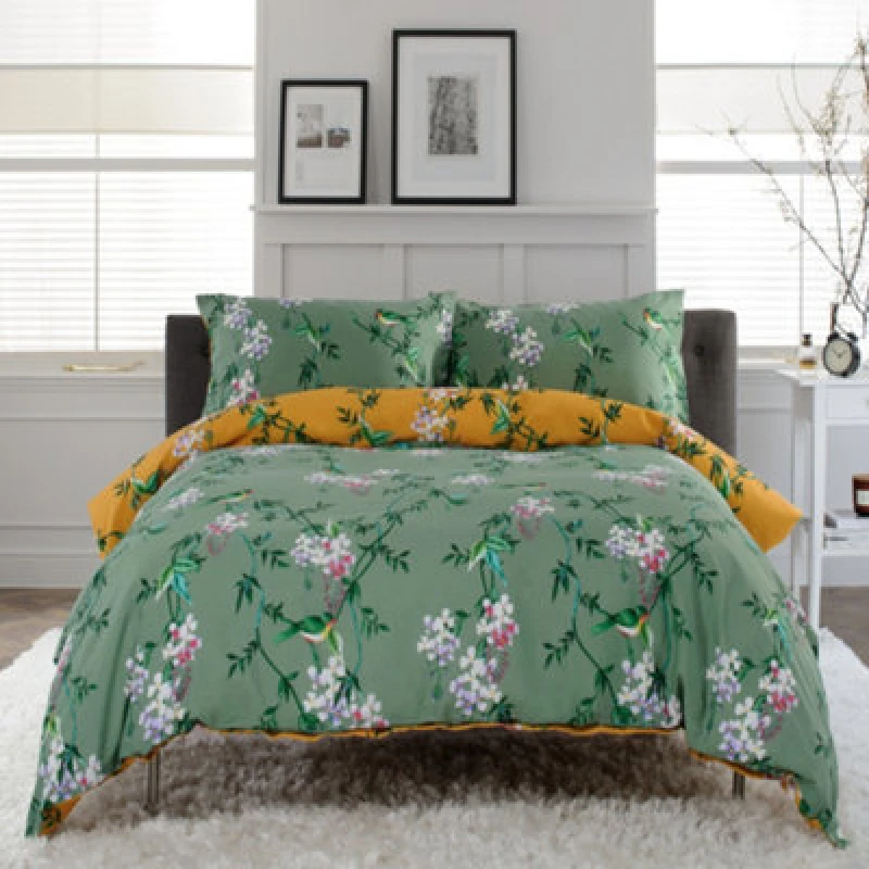 Image of Deyongs Bird Garden Sage & Gold Printed Cotton Rich 200 Thread Count Duvet Set