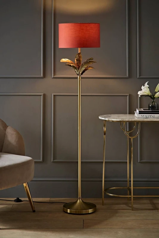 Image of ValueLights ValueLights Christina Fabric Drum Shade Gold Palm Leaf Detail Single Stem Floor Lamp in Burnt Orange Burnt Orange One Size Unisex 50594060