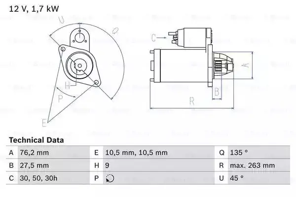 Image of Bosch 0986014890 Starter Motor 1489 12 V 1,7 kW Output BOSCHSTARTER-0986014890