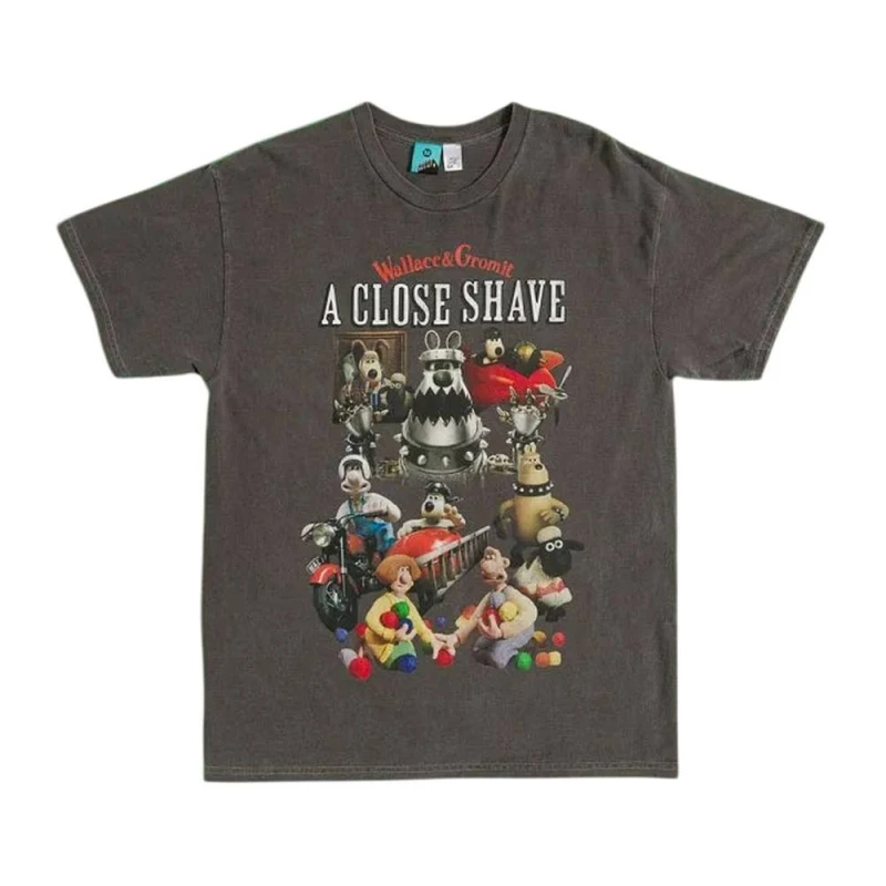 Image of Wallace & Gromit Mens A Close Shave Montage Vintage Wash Boxy T-Shirt in Charcoal Size: XL Charcoal Male XL