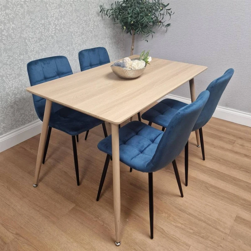 Image of KOSY KOALA Oak Effect Dining Table Set with 4 velvet Chairs Dining Furniture in Beige Beige Unisex