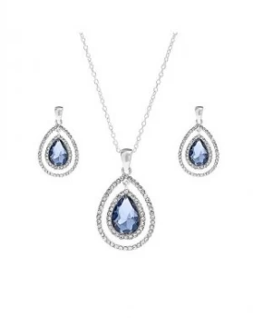 image of Mood Silver Plated Blue Teardrop Halo Necklace Set - Gift Boxed