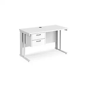 image of Rectangular Straight Desk White Wood Cable Managed Legs White Maestro 25 1200 x 600 x 725mm 2 Drawer Pedestal