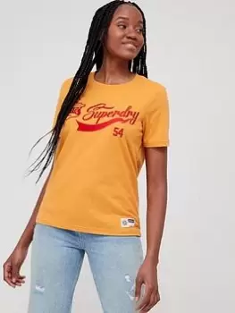 Image of Superdry Vintage Script Style Coll Tee -thrift Gold Marl, Gold, Size 12, Women