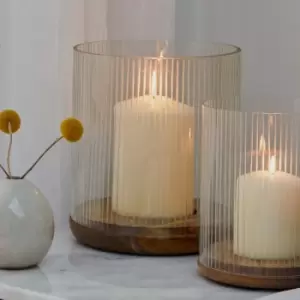 image of Amelia Ribbed Glass Wooden Candle Holder H23cm D20cm