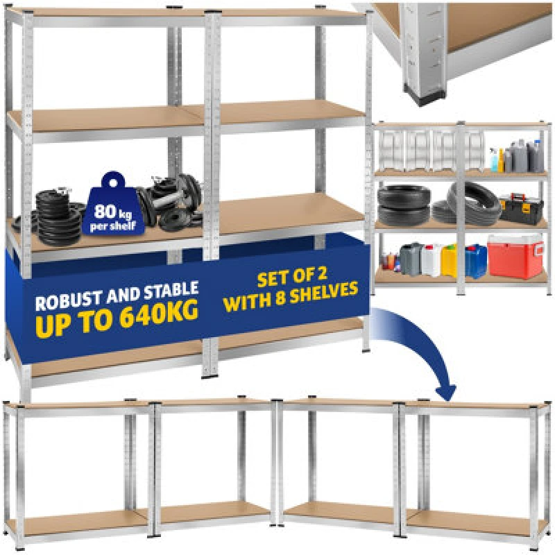 Image of Tectake Garage Shelving - Heavy-Duty Galvanised Steel Frame, Height-Adjustable Shelves - 160 X 40 X 160 Cm - 640 Kg - Silver