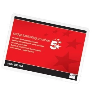 image of 5 Star Office Laminating Pouches 250 Micron for Badge size 67x97mm Gloss Pack 100