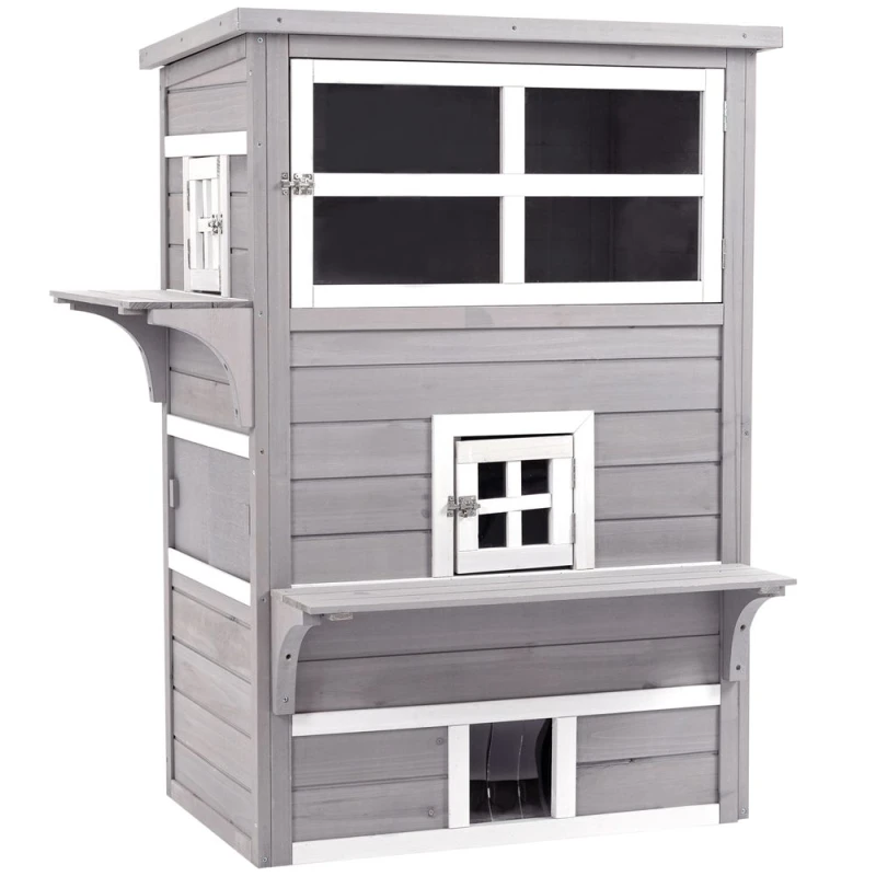 Image of PawHut 3 Tier Wooden Kitten Shelter For Indoor, Outdoor, Grey D30-505GY