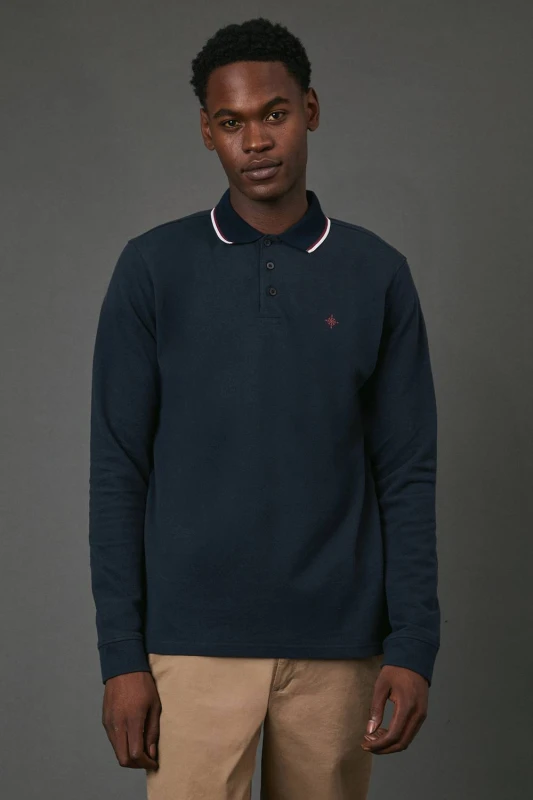 Image of Debenhams Debenhams Men Navy Long Sleeve Pique Polo Shirt Size: 2X-Large Navy 2X-Large Male 5045772324270