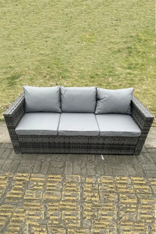 Image of Fimous 3 Seater Rattan Lounge Sofa Patio Outdoor Garden Furniture With Seat And Back Cushion Dark Grey