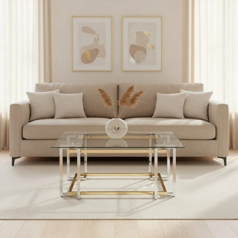 Image of Premier Housewares Glass Top Coffee Table, Gold and Silver Luxury Coffee Table, Modern Style Metal Coffee Table with Glass Top Gold