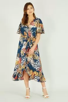 image of Navy Satin Leaf Print Wrap Midi Dress