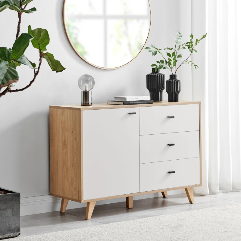Image of FurnitureboxUK FurnitureboxUK Bisset Off-White & Wood Effect Storage Sideboard in Off White Size: Medium Off White Medium Unisex 5060661188146