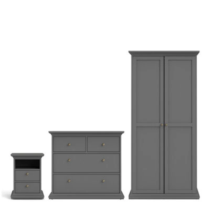 Image of Furniture To Go Paris 3 Piece Bundle, Bedside, Chest And 2 Door Wardrobe In Matt Grey