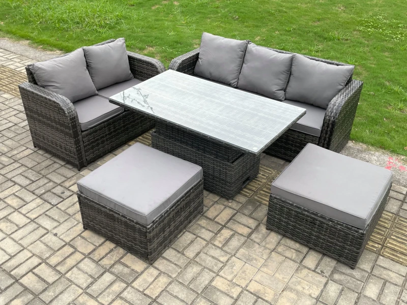 Image of Fimous Outdoor Rattan Garden Furniture Sets Height Adjustable Rising lifting Dining Table Lounge Sofa Set Dark Grey