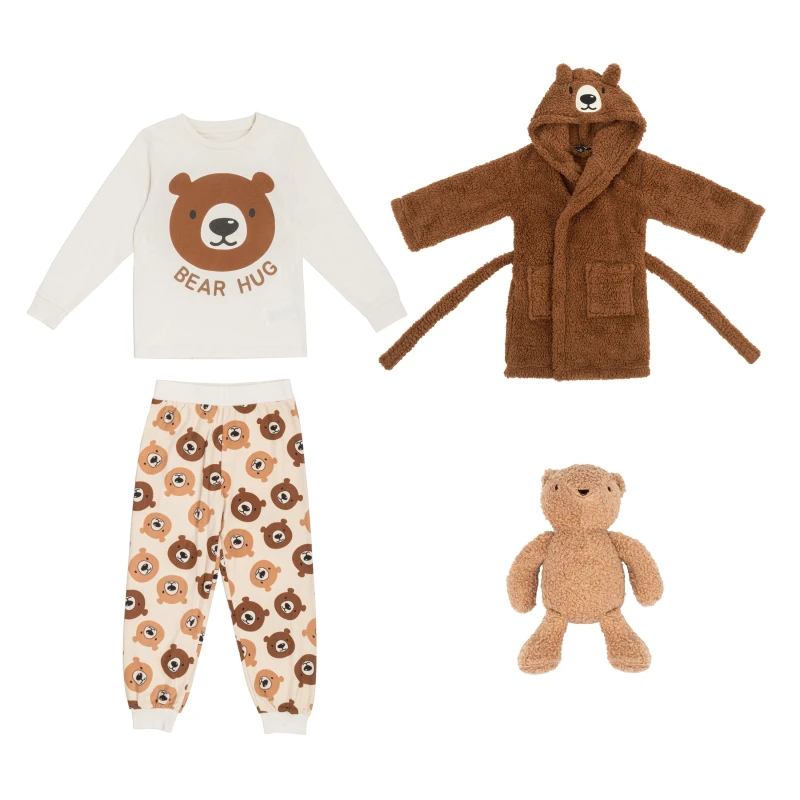 Image of Firetrap Unisex Kids Teddy 4 Piece Dressing Gown Pyjama Set - Brown Brown 4 - 5 Years