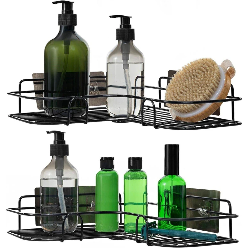 Image of House of Home Shower Caddy Set of 2 Self Adhesive Corner Kitchen Storage Shelves Black