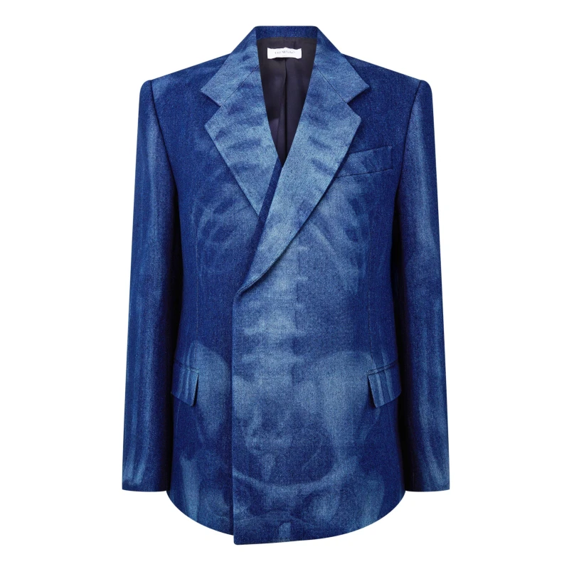 Image of Off White Mens Body Scan Relax Skeleton Graphic Long Sleeve Double-Breasted Denim Jacket Blue 6900 male XXS