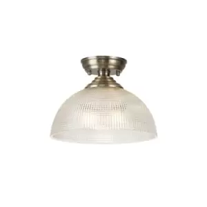 image of Dresden Flush Ceiling Lamp E27 With Round 30cm Prismatic Effect Glass Shade Antique Brass, Clear