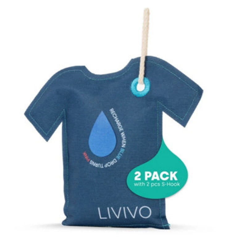 Image of Livivo T-Shirt Shape Hanging Wardrobe Dehumidifier Bag 2Pk - Reusable With Smart Colour Changing Indicator For Home & Caravans