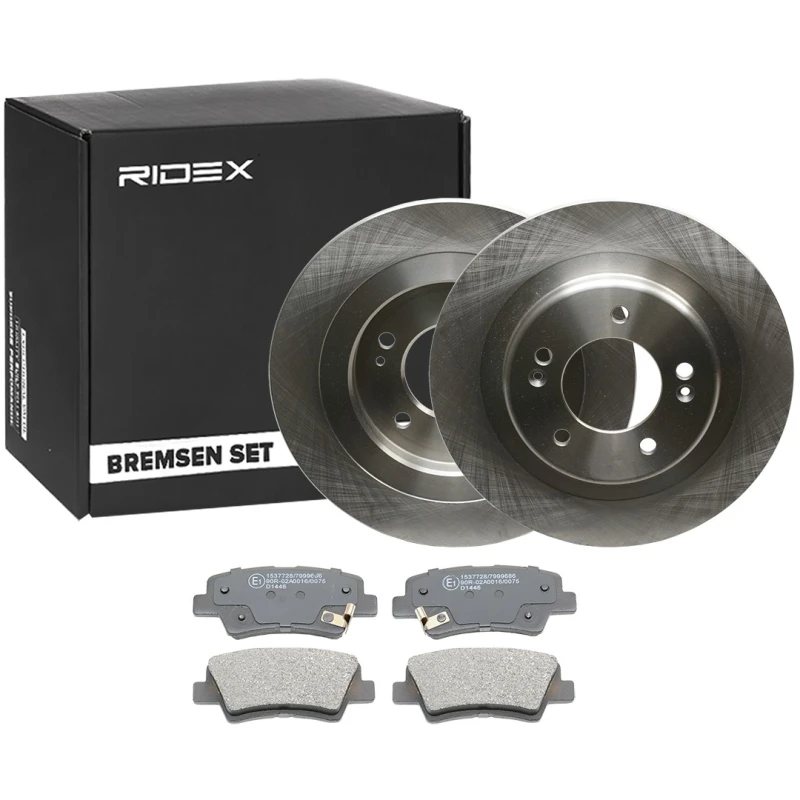 Image of RIDEX 3405B1808 Brake disc and pads set Rear Axle, Brake Disc Type: Solid Brake Set,disc brakes (3405)