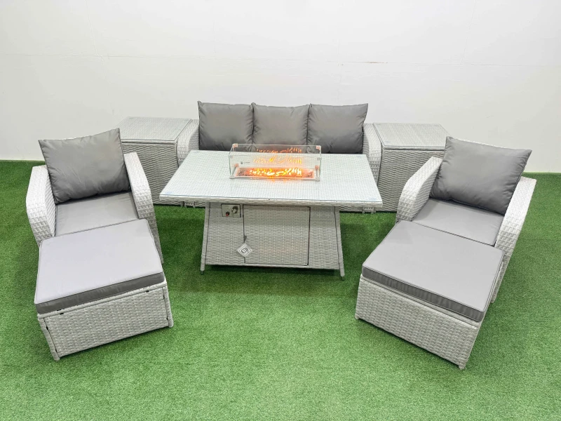 Image of Fimous PE Rattan Garden Furniture Set Reclining Chair Sofa Lounge Sofa Set Firepit Dining Table 2 Side Table 2 Big Footstool Light Grey Light Grey
